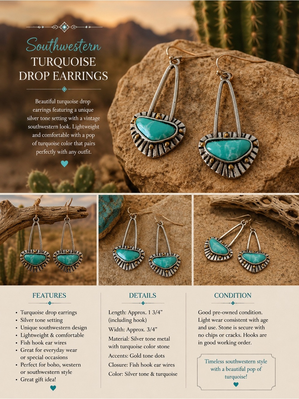 Southwestern Turquoise Drop Earrings – Silver Tone Boho Earrings